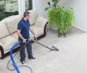 Professional carpet cleaner steam cleans a carpet in summer